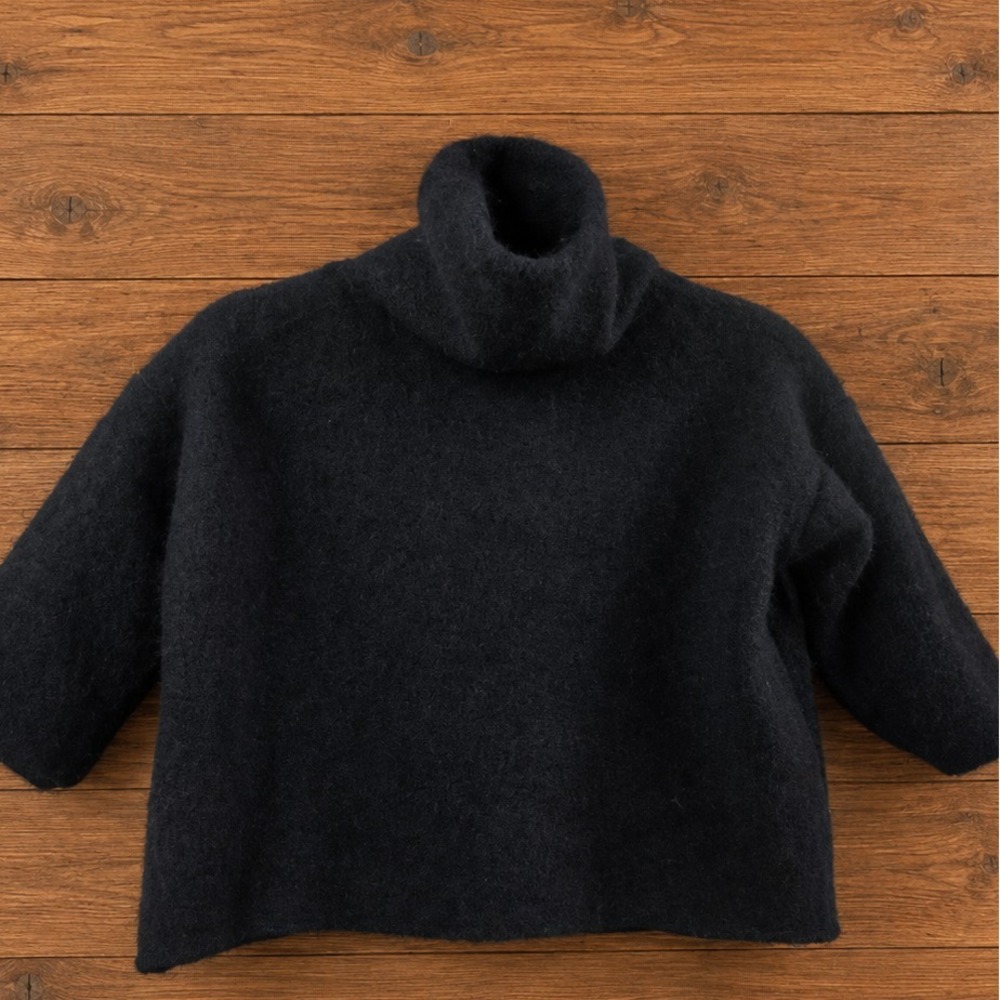 90s Y2K Black Wool Cropped Moda International Boxy Turtleneck Top - Picture 3 of 7